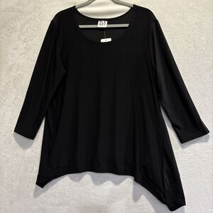 PLANET by Lauren G Black Asymmetrical 3/4 Sleeve Top Microfiber Stretch Size 1